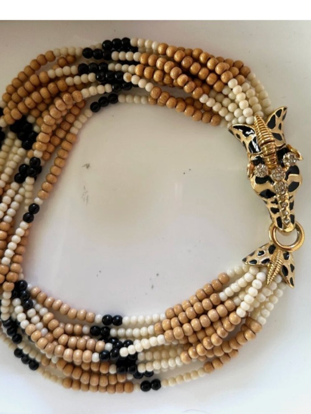 Vintage Signed Ciner 8 Strand Beaded Choker w/ Enamel & Rhinestone Zebra Clasp
